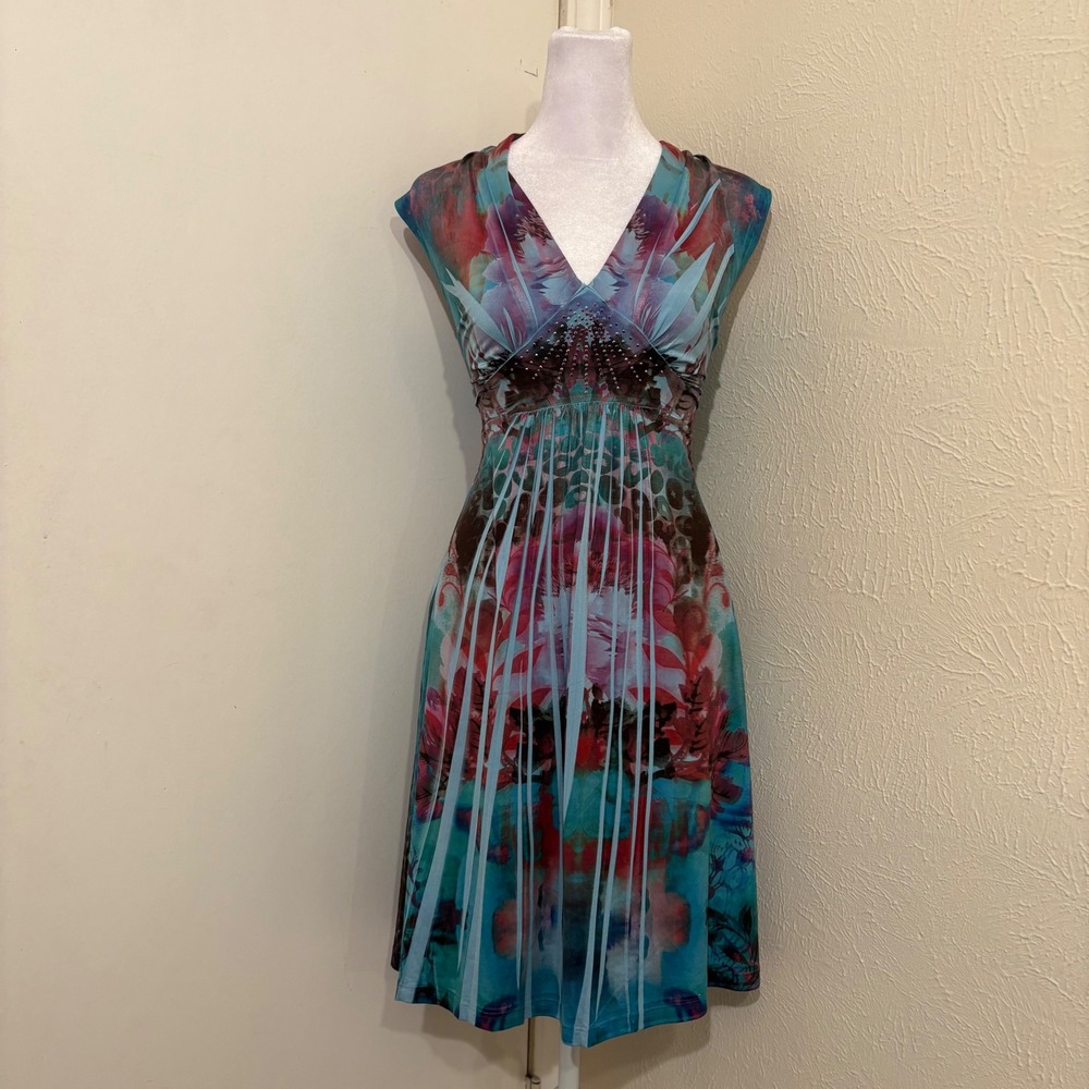 Purple Blue Watercolor Fairy Sleeveless V-Neck Rhinestone Mini Dress Whimsical L